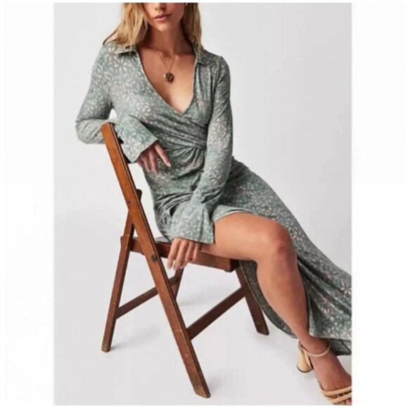 Free People Shayla Long Sleeve Floral Midi Wrap Dress In Mint Combo Small NWT - Picture 1 of 9